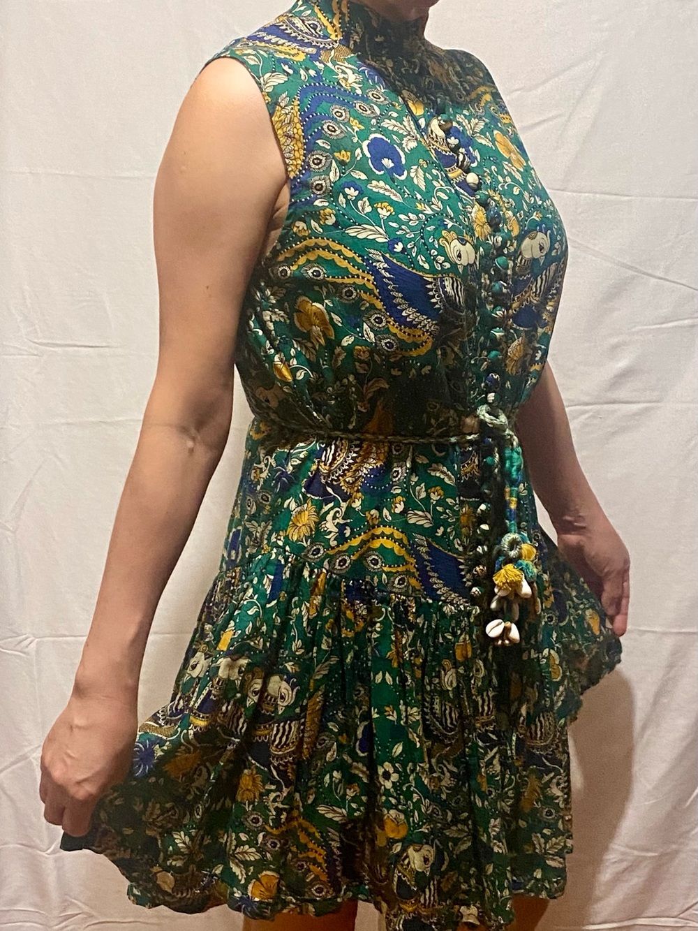 Zimmermann Edie drop waist mini dress peacock print cotton shell belt size 1